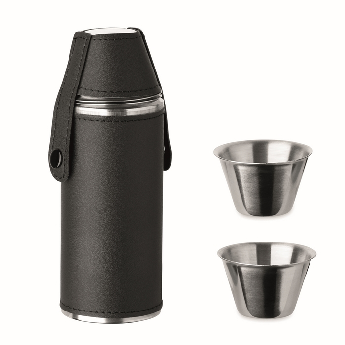 Stainless steel hip flask, 2 shot glasses, 230 ml and 20 ml