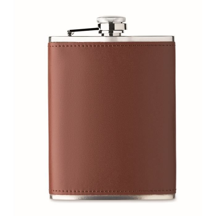 Stainless steel hip flask, synthetic leather cover, 200 ml