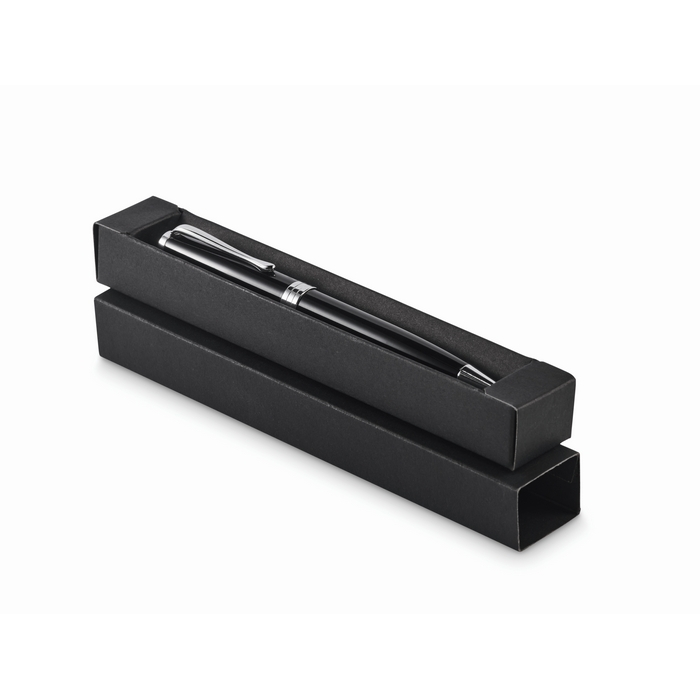 Twist-action recycled stainless steel pen, case, blue ink