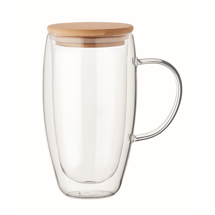 Tall glass mug, transparent handle, wooden lid, 450 ml