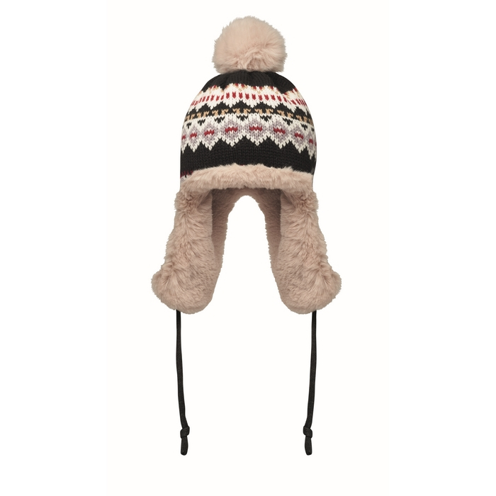 Fleece and polyester beanie, ear flaps, adult size