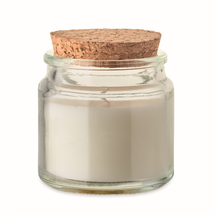 Vanilla-scented candle, vegetable wax, cork lid