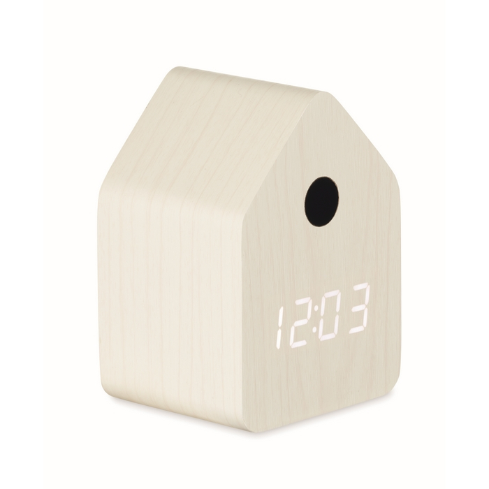 Small birdhouse-shaped desk clock, with alarm