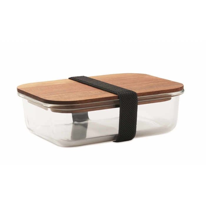 Glass lunchbox, wooden lid, elastic closing band