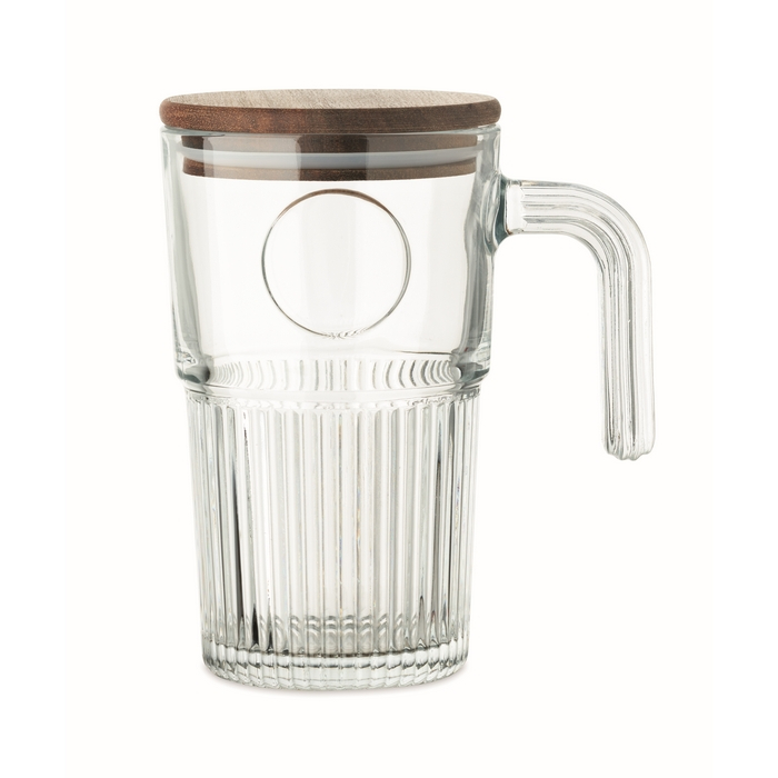 Large ribbed glass mug, wooden lid, handle, 450 ml