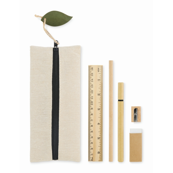 Writing set in jute bag with various school supplies