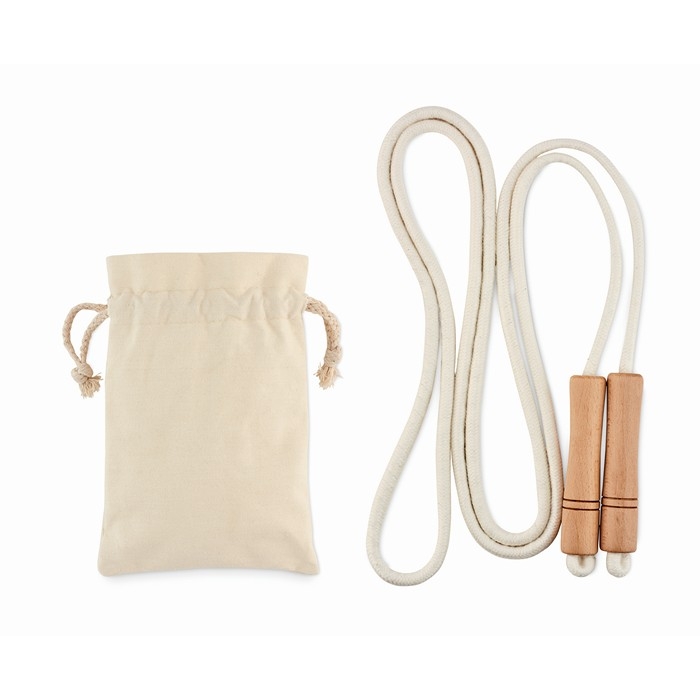 Skipping rope with wooden handles in a cotton bag for gyms