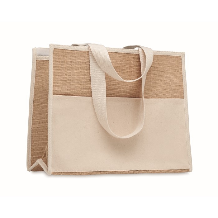 Jute bag with laminated interior and side compartment