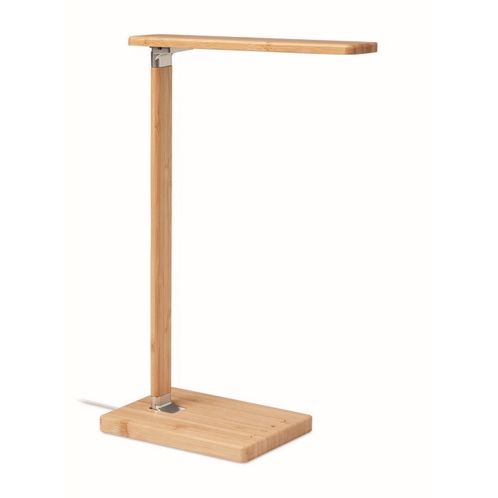 Foldable bamboo desk lamp with LED light and charging station
