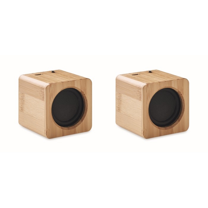Set of 2 wireless speakers with bamboo housing, 4h playtime