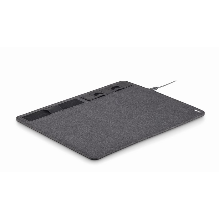 Mouse pad with wireless charger and phone holder in dark gray