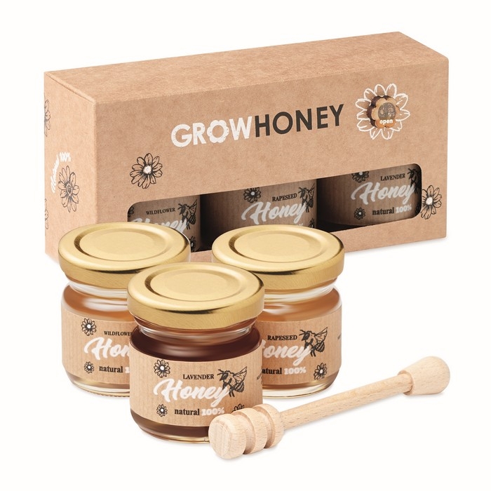Set with 3 types of honey in jars. A sweet promotional gift