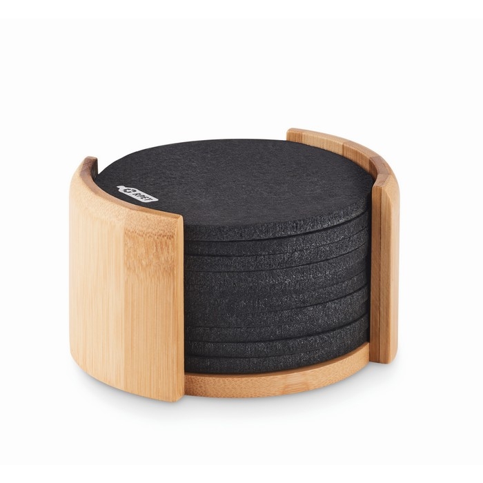 Set of 10 round RPET felt coasters in bamboo holder