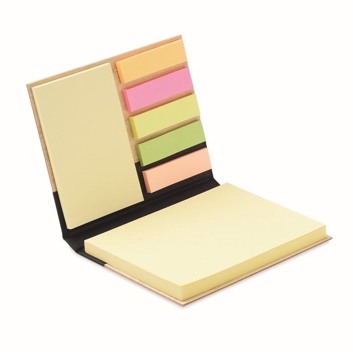 Sticky notes in various sizes in a notepad with a bamboo cover