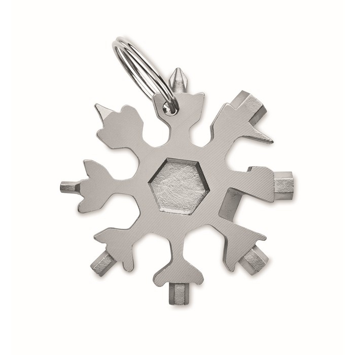 Snowflake-shaped, multifunctional tool made of stainless steel