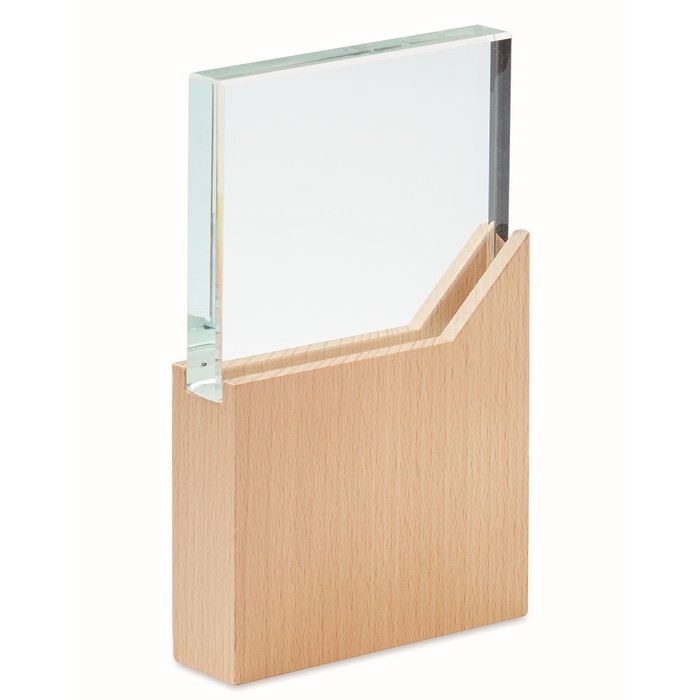 Glass trophy on a wooden base in an elegant gift box