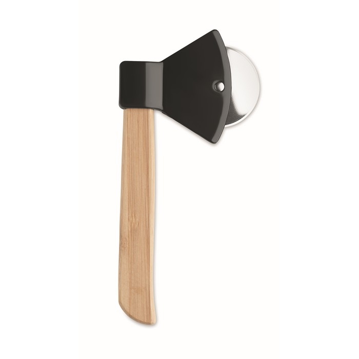 Pizza cutter with an axe design and bamboo handle