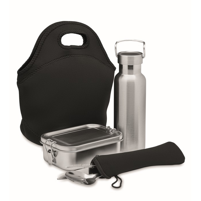 Set of bottle, lunch box, cutlery and carry bag for outdoors