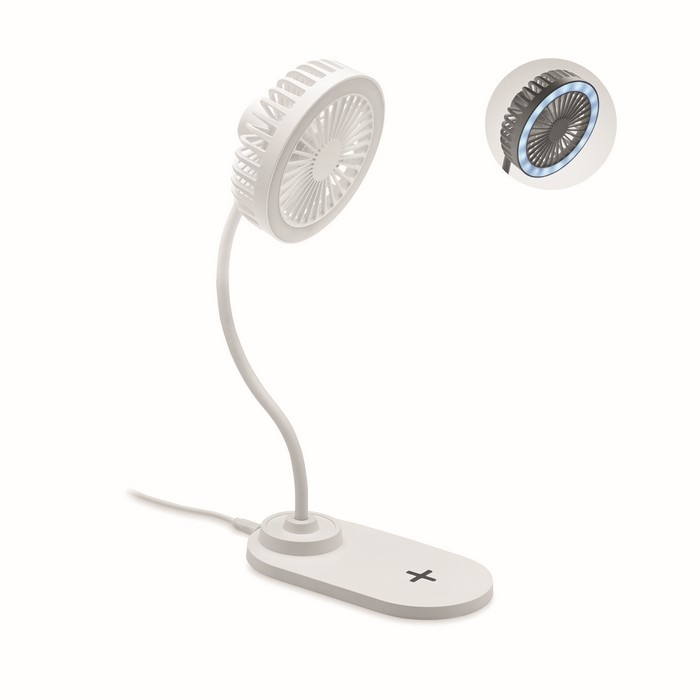Table fan with LED light and wireless charging station