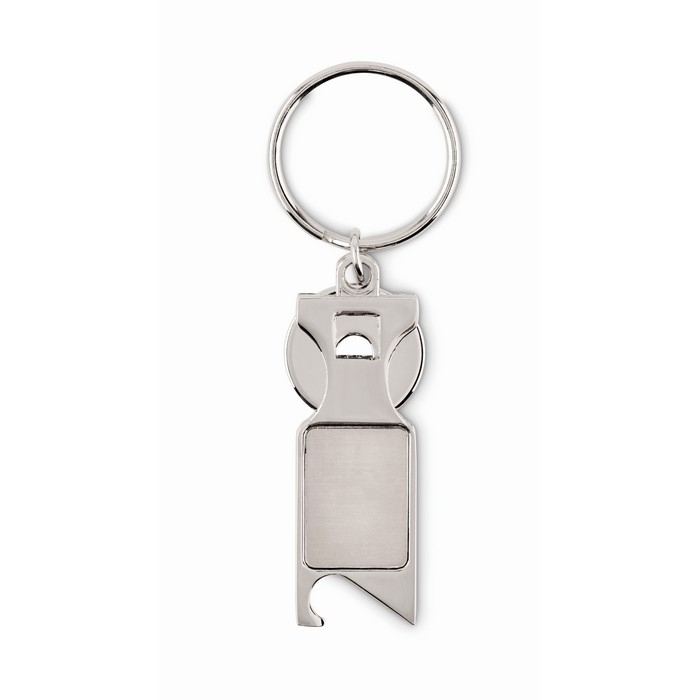 Metal shopping trolley coin keyring with bottle opener