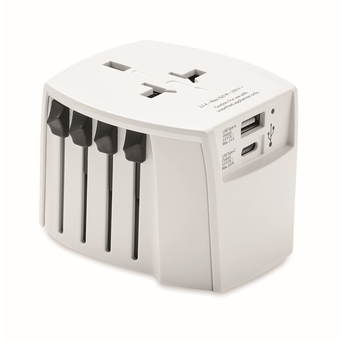 Universal travel adapter with USB Type-C and Type-A ports