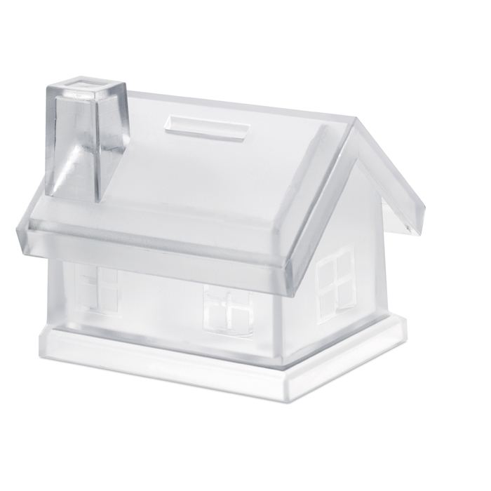 Money box in a house shape, transparent plastic