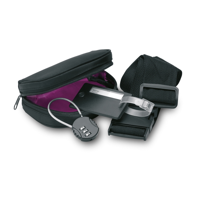 Travel set with luggage tag, luggage belt and lock