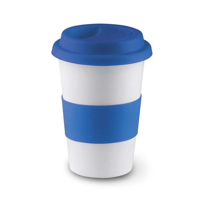 Travel ceramic mug with silicone band and lid, 400 ml