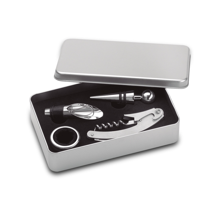 Wine set with waiter's knife, cap, pourer and wine collar