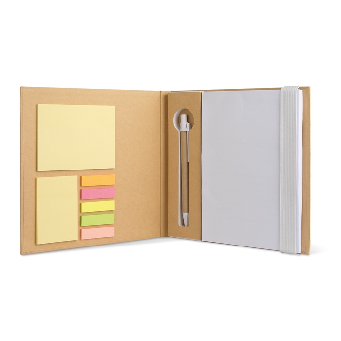 Practical pad with recycled paper, pen and post-it notes