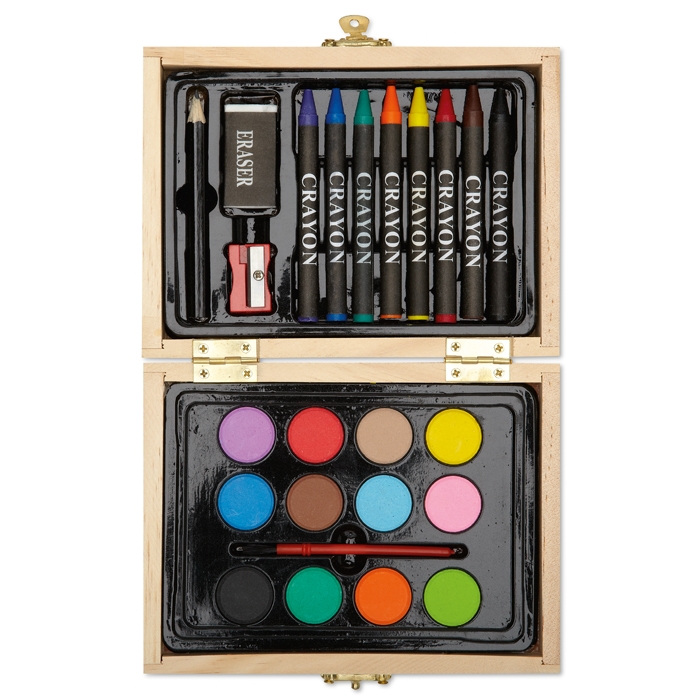 Painting box set with watercolours and coloured pencils