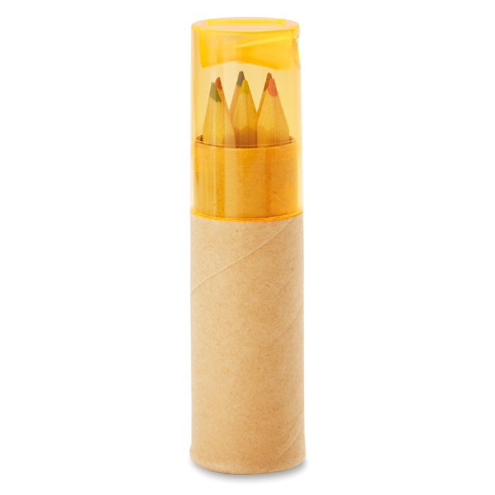 6 coloured pencils in a box and sharpener in the lid