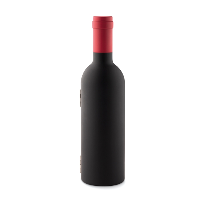 Wine accessory set in decorative bottle with magnetic closure