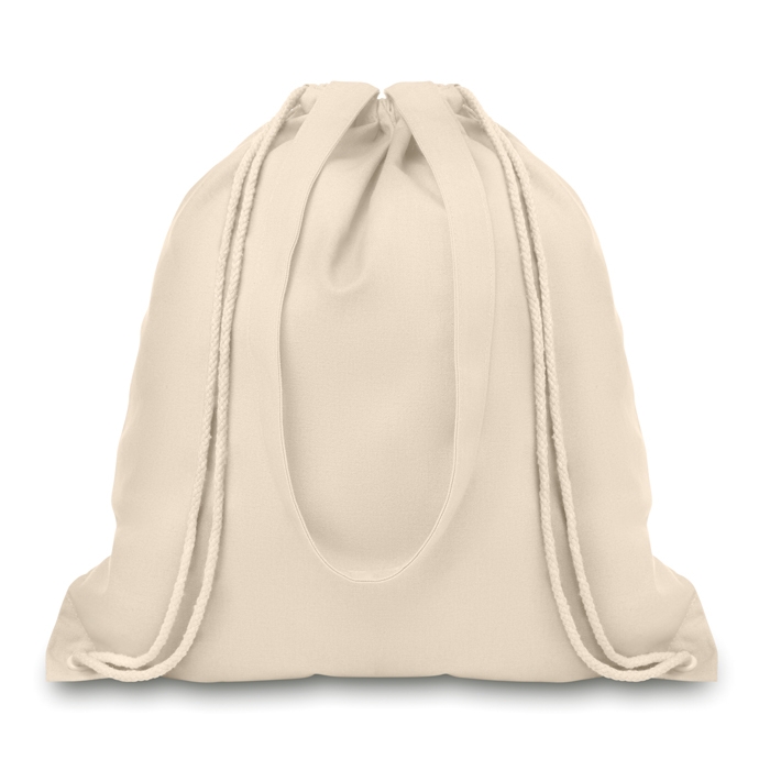 Drawstring bag made of beige canvas with long handles