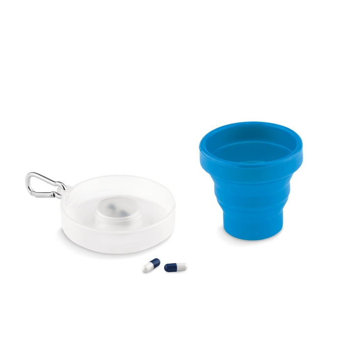 Keyring with foldable cup and pill box