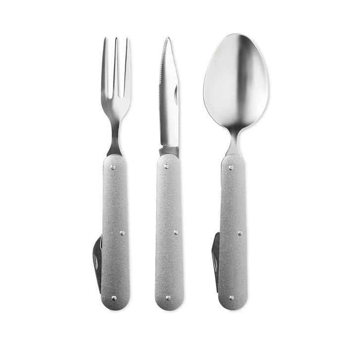 Foldable stainless steel camping cutlery (knife, fork, spoon)