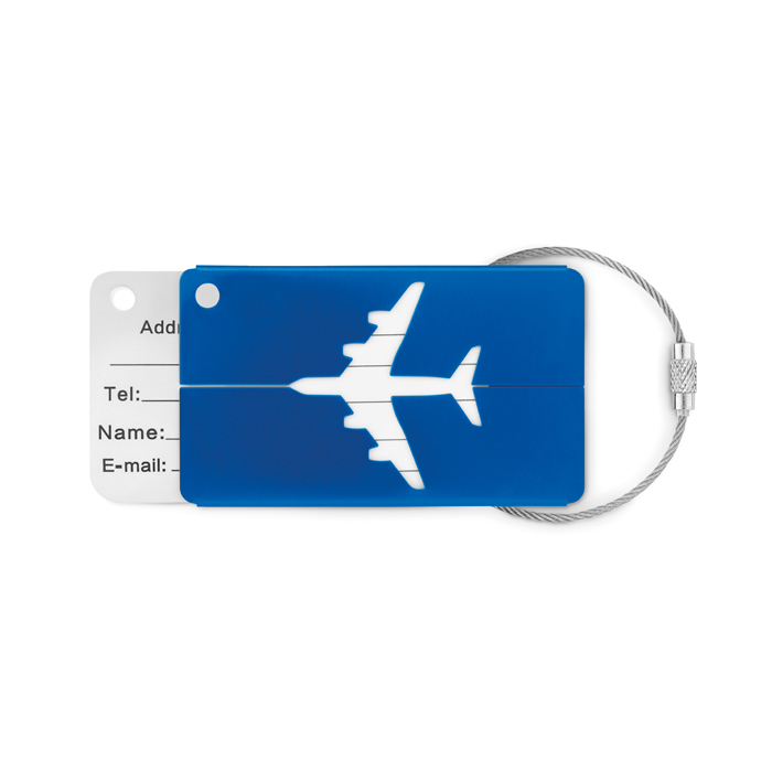 Aluminium luggage tag for bags with airplane motif