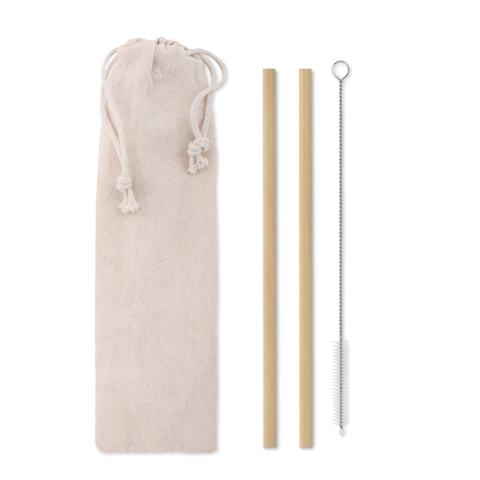 2 reusable bamboo drinking straws with cleaning brush and bag