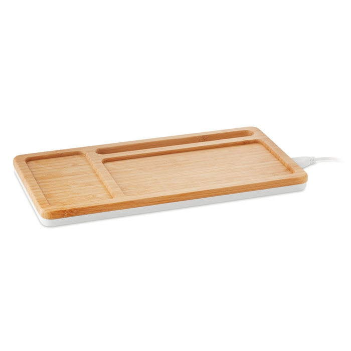 Desk organiser with phone charging station, bamboo surface