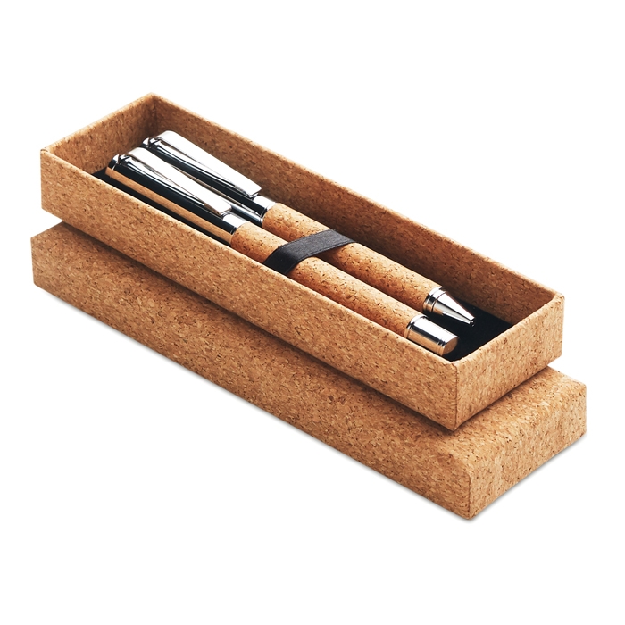Ballpoint and rollerball pen set in sustainable cork housing