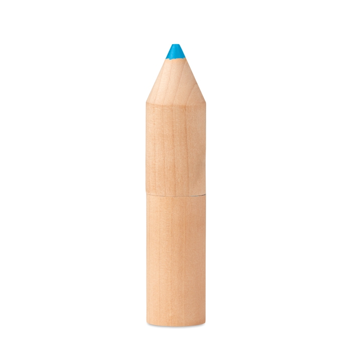 Set of 6 coloured pencils in a pencil shaped round wooden box