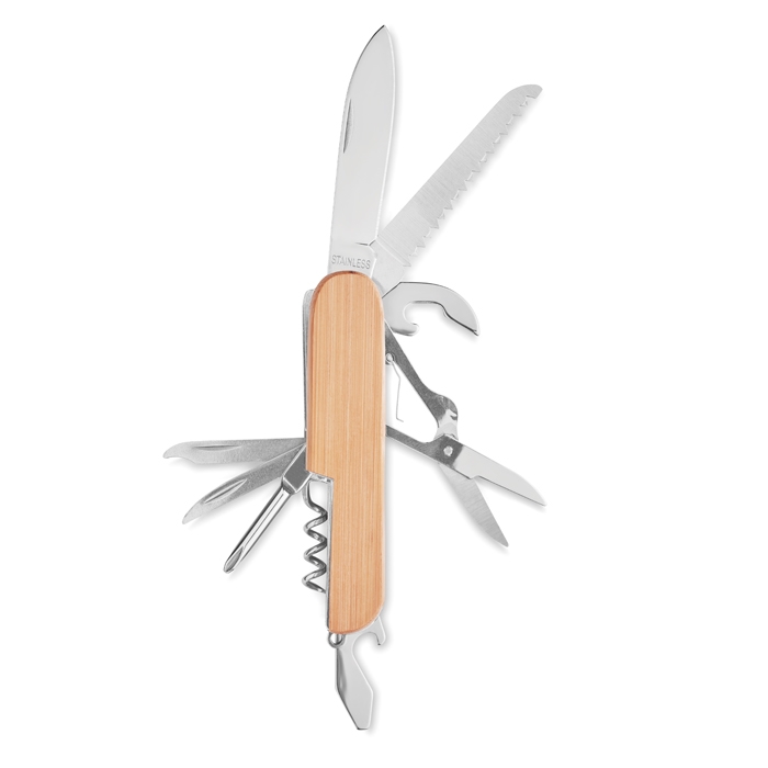 Pocket knife, stainless steel & bamboo, 9 functions