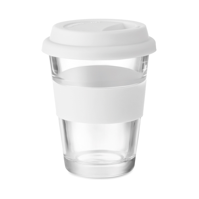 Glass takeaway cup with lid and silicone band, 350 ml