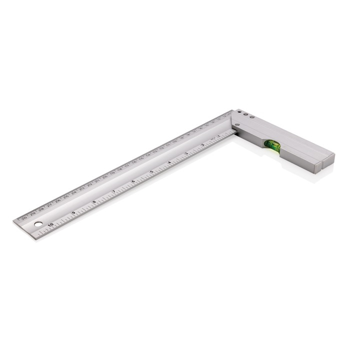 Square aluminium ruler with level, inch markings and 30 cm scale