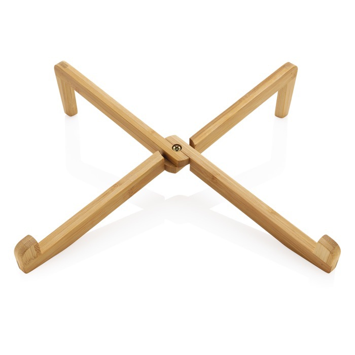 Bamboo laptop and tablet stand in individual pouch