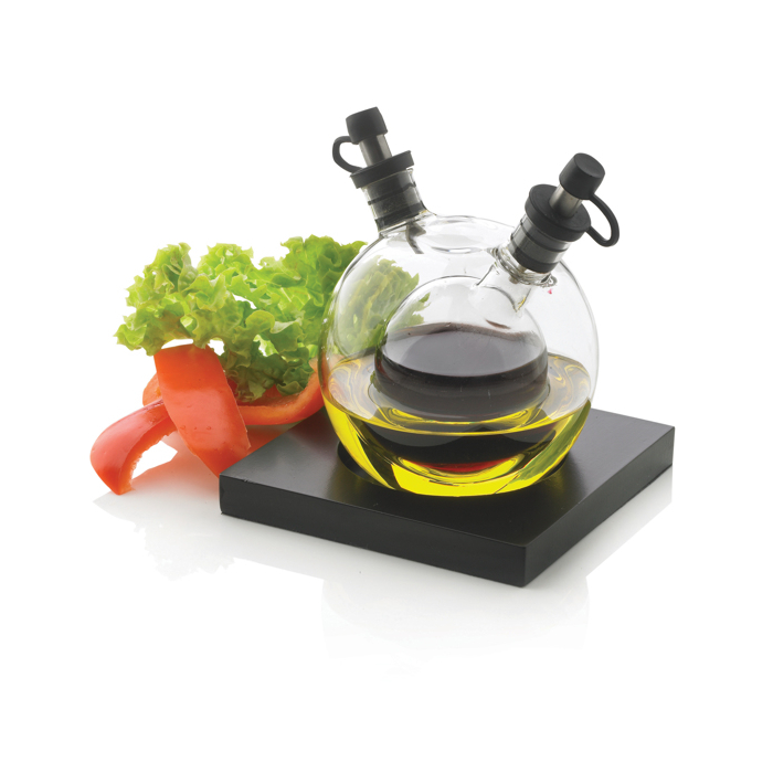 Oil and vinegar globe with black base and logo