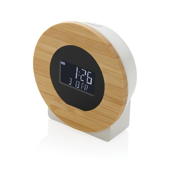 Recycled plastic and bamboo desk clock with LCD display