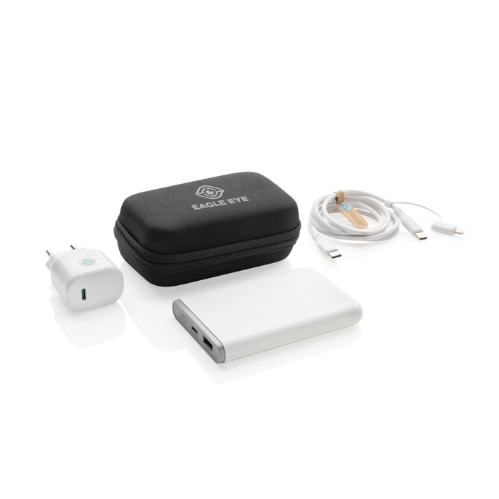 3-piece charging set in recycled plastic with power bank, 5,000 mAh
