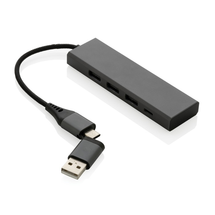 Recycled plastic USB hub with 4 ports: 3 USB, 1 type C