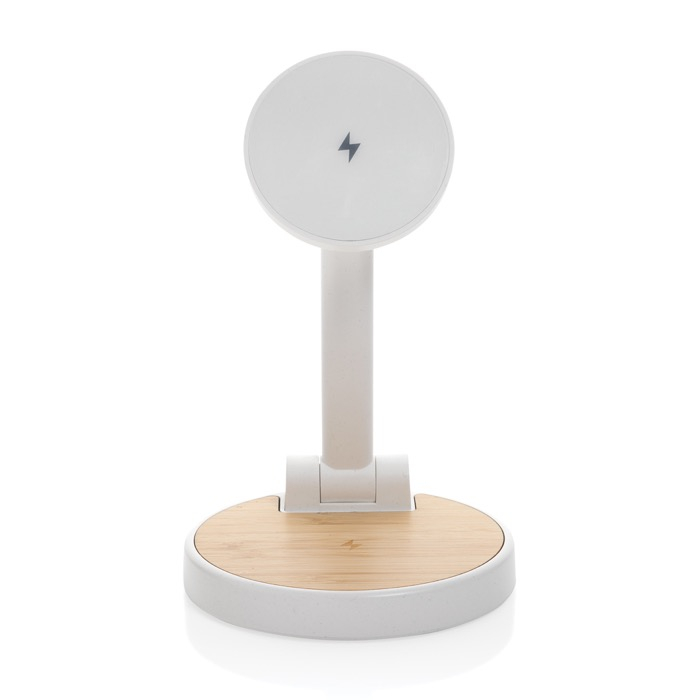 2-in-1 magnetic wireless charger in recycled plastic and bamboo